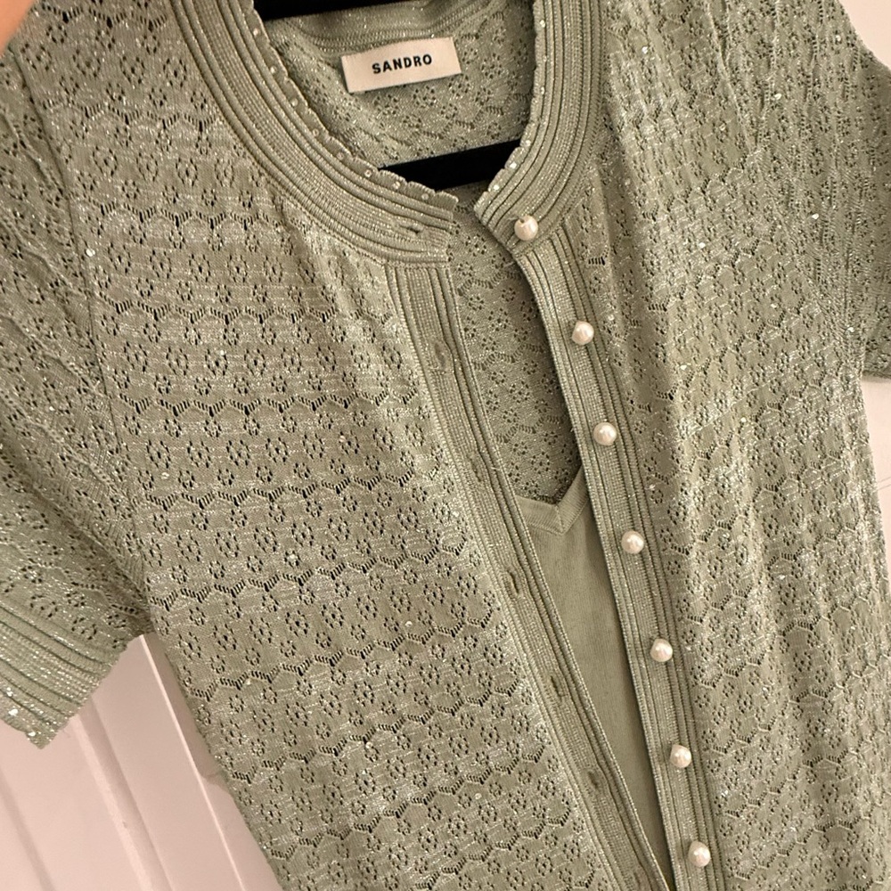 SANDRO size 34 Short-Sleeve Knit Maxi Dress in Sage Green new - Picture 7 of 10